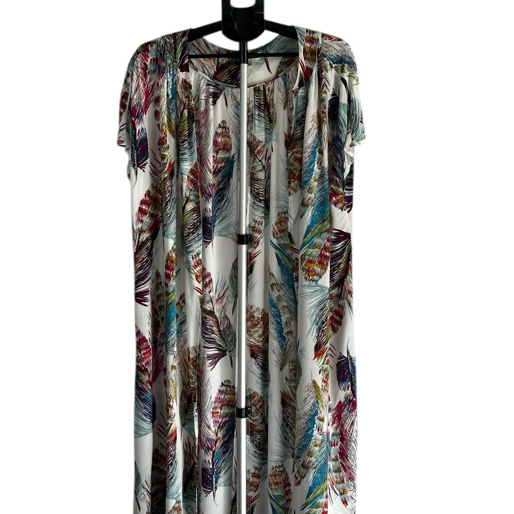 Umgee Feather Print Boho Kimono Duster Maxi Cardigan Sz L